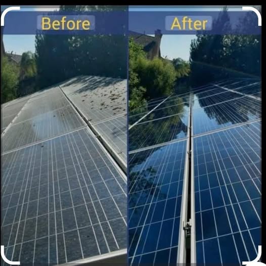 Before and after solar panel cleaning — dirty debris covered panels versus pristine reflective blue panels — real All Clear work