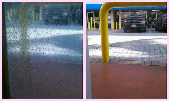 Before-and-after comparison of a window cleaned from spotted and grimy to perfectly clear